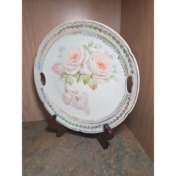 Unmarked Other - Antique Cabbage Rose on Green Luster Molded Double Handle German Porcelain Plate